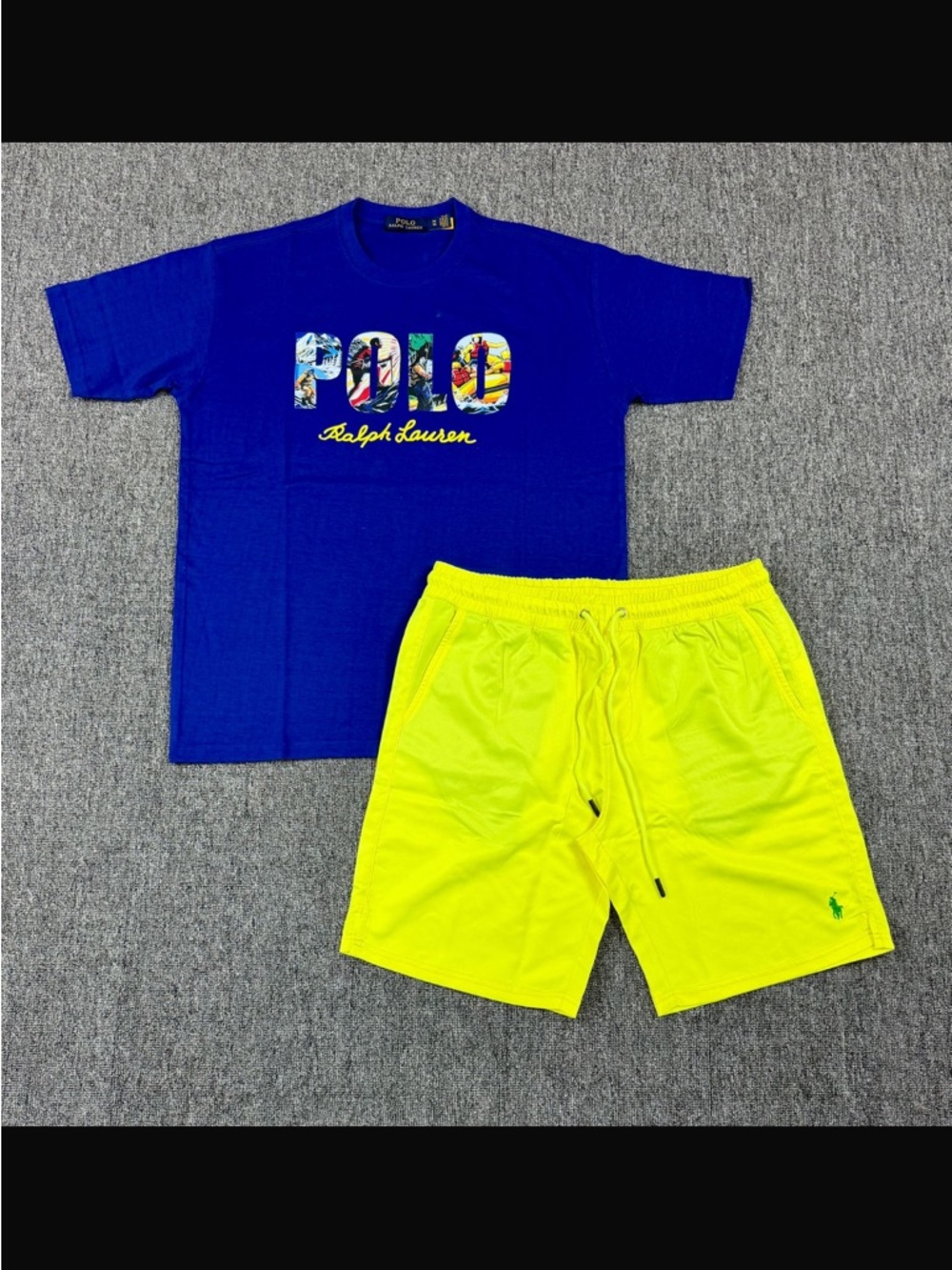 Polo by Ralph Lauren Blue Graphic Tee with Neon Yellow Athletic Shorts